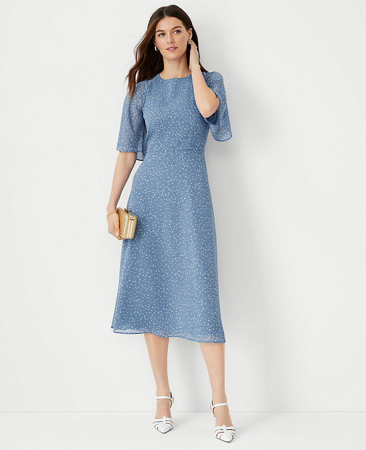 Ann Taylor Spotted Flutter Sleeve Midi Dress