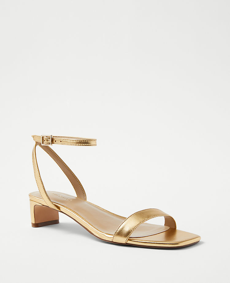 Metallic Leather Blade Heel Ankle Strap Sandals