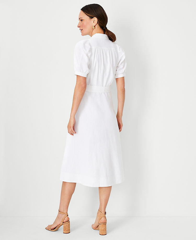 Linen Blend Puff Sleeve Pocket Shirtdress