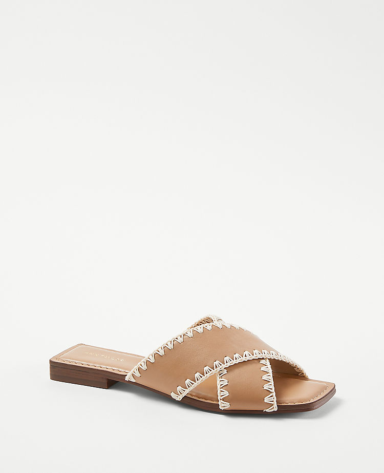 Crossover Stitched Leather Slide Sandals