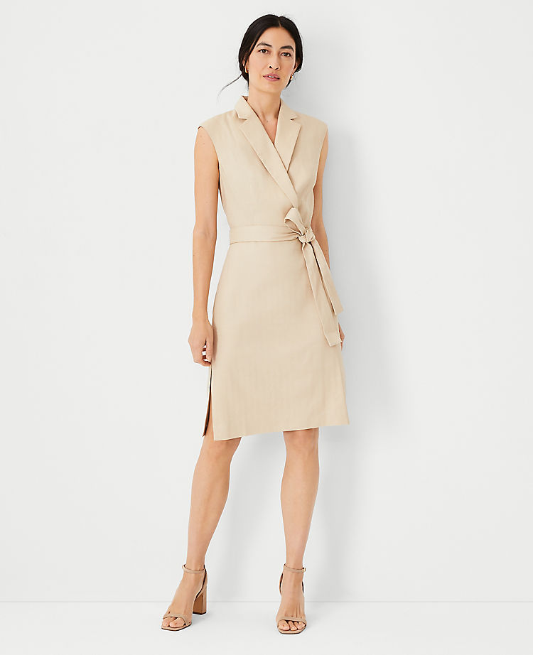 Ann Taylor Outlet |  The Notched Collar Tie Waist Dress in HerRingbone Linen Blend