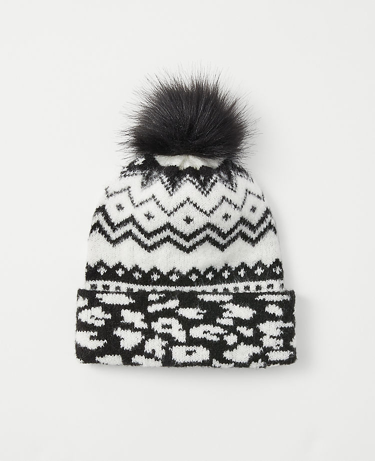 Snow Leopard Fair Isle Faux Fur Pom Pom Hat