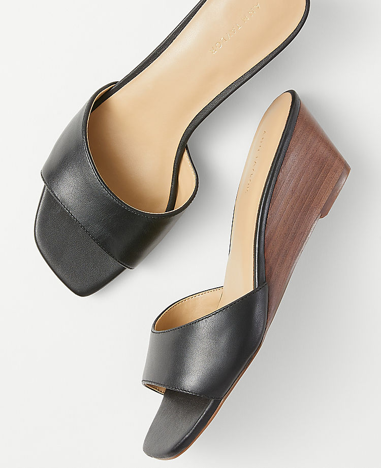 Leather Low Wedge Slide Sandals