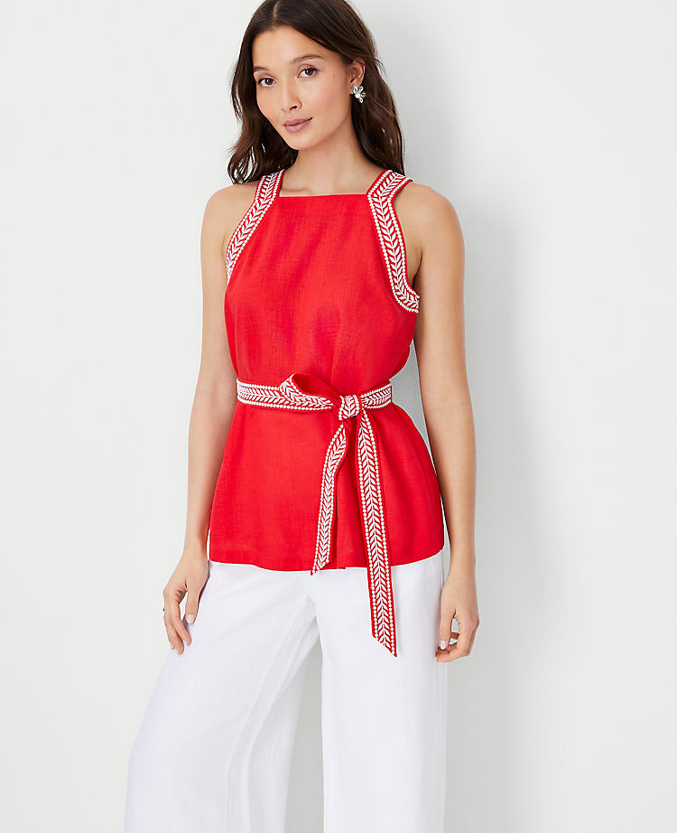 Embroidered Trim Square Neck Halter Top