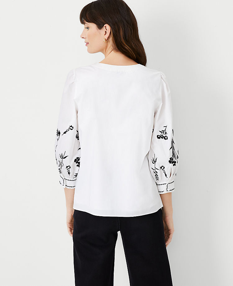 Ann Taylor Outlet |  Embroidered Sleeve Split Neck Top