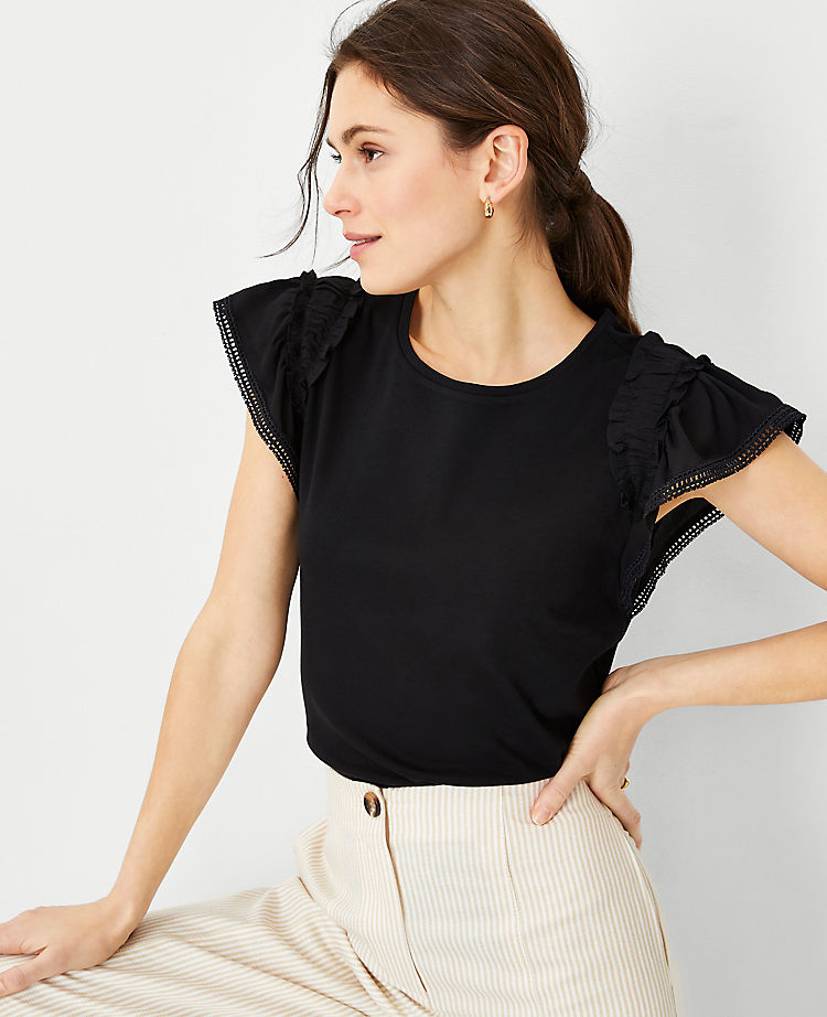 Ann Taylor Outlet |  Mixed Media Ruffle Flutter Sleeve Top