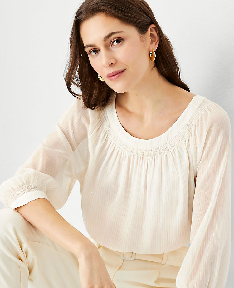 Ann Taylor Outlet |  Shimmer Stripe Smocked Boatneck Top