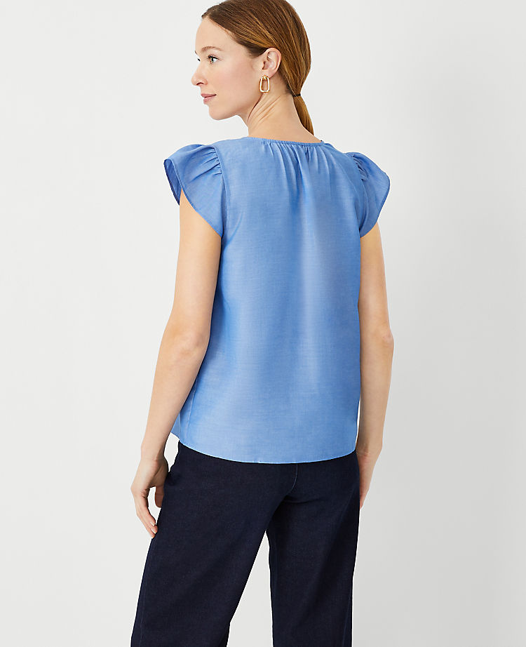 Ann Taylor Outlet |  Chambray Split Neck Ruffle Sleeve Top
