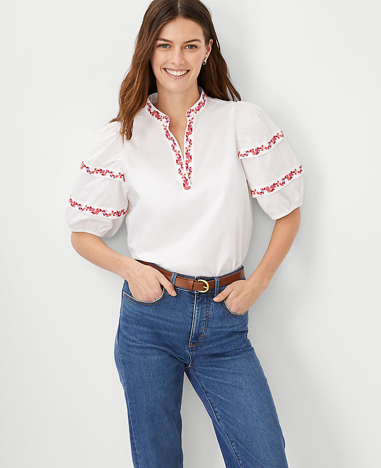 Ann Taylor Outlet |  Floral Embroidered Pintucked Sleeve Popover