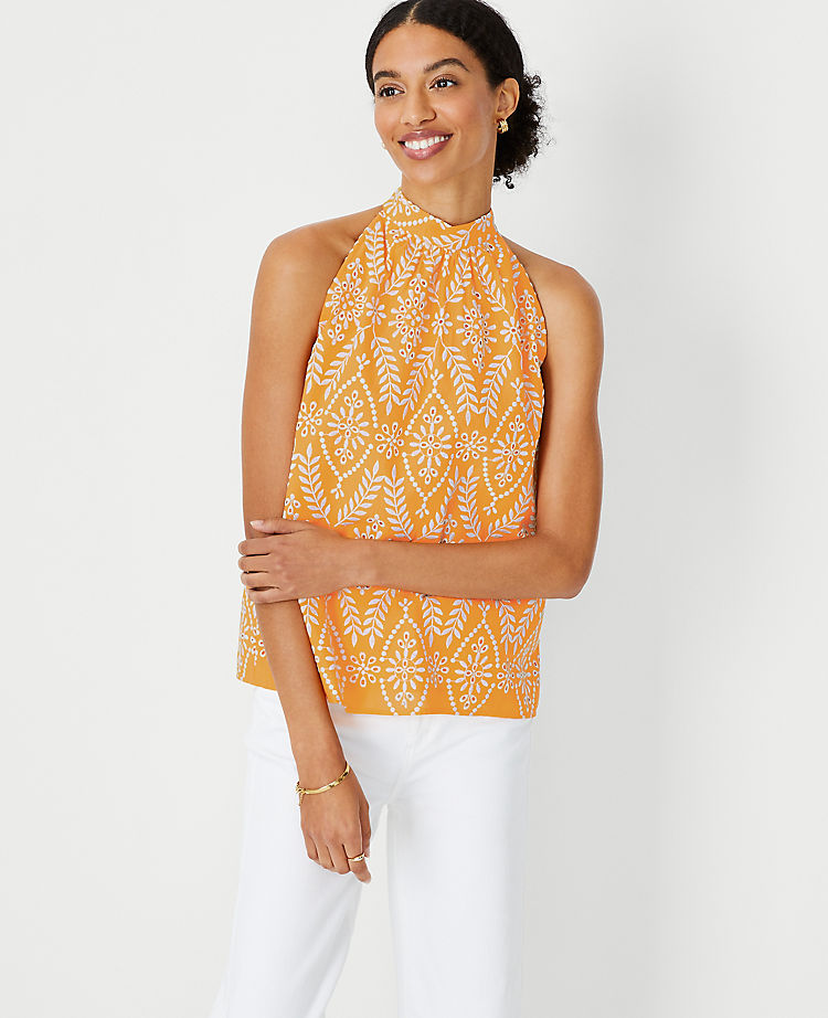 Eyelet Linen Blend Halter Top