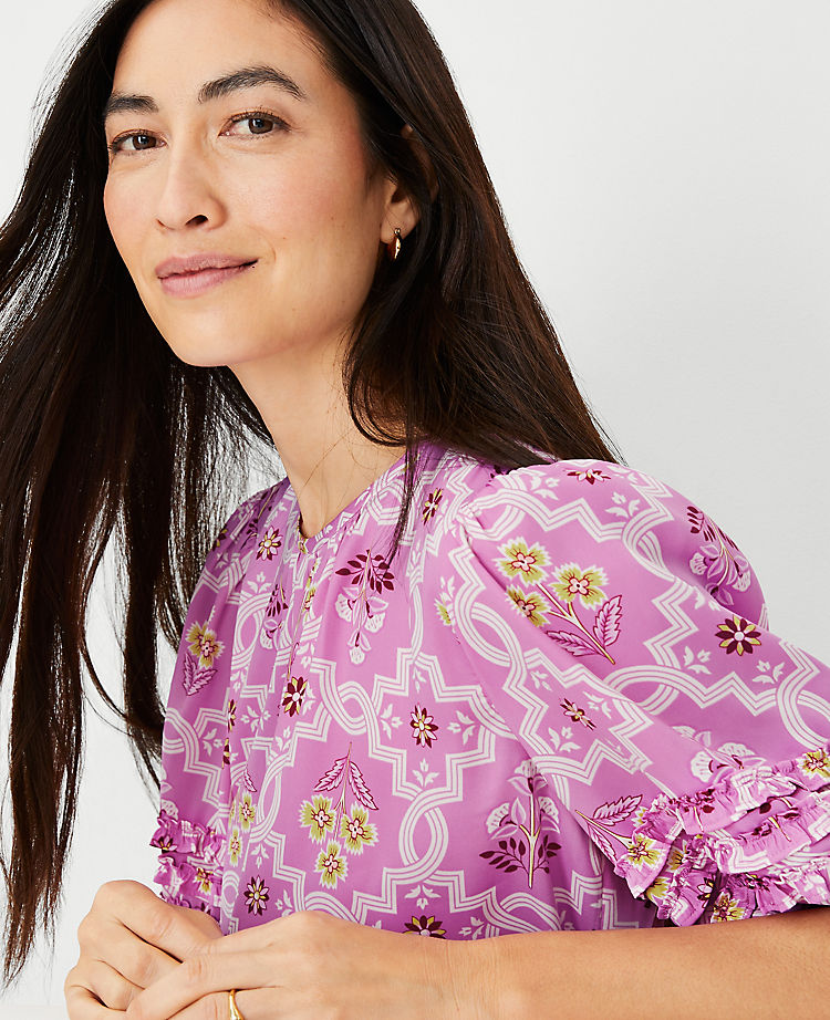 Ann Taylor Outlet |  Tile Print Mini Ruffle Sleeve Top