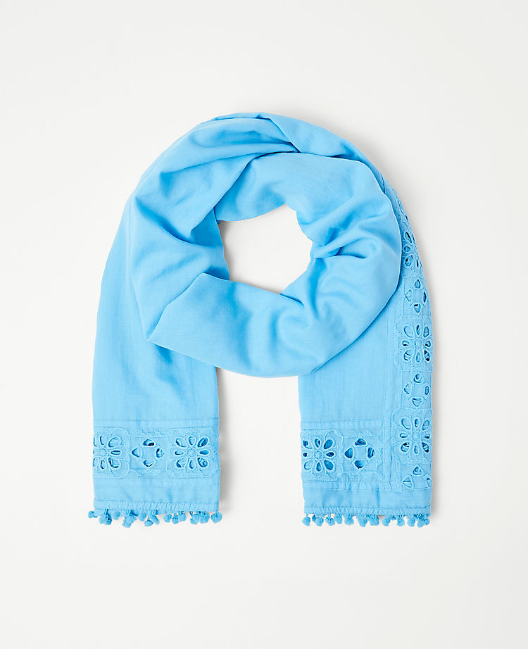 Embroidered Pom Pom Scarf