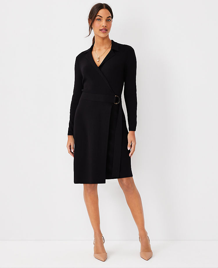 Notched Collar Belted Sweater Dress
