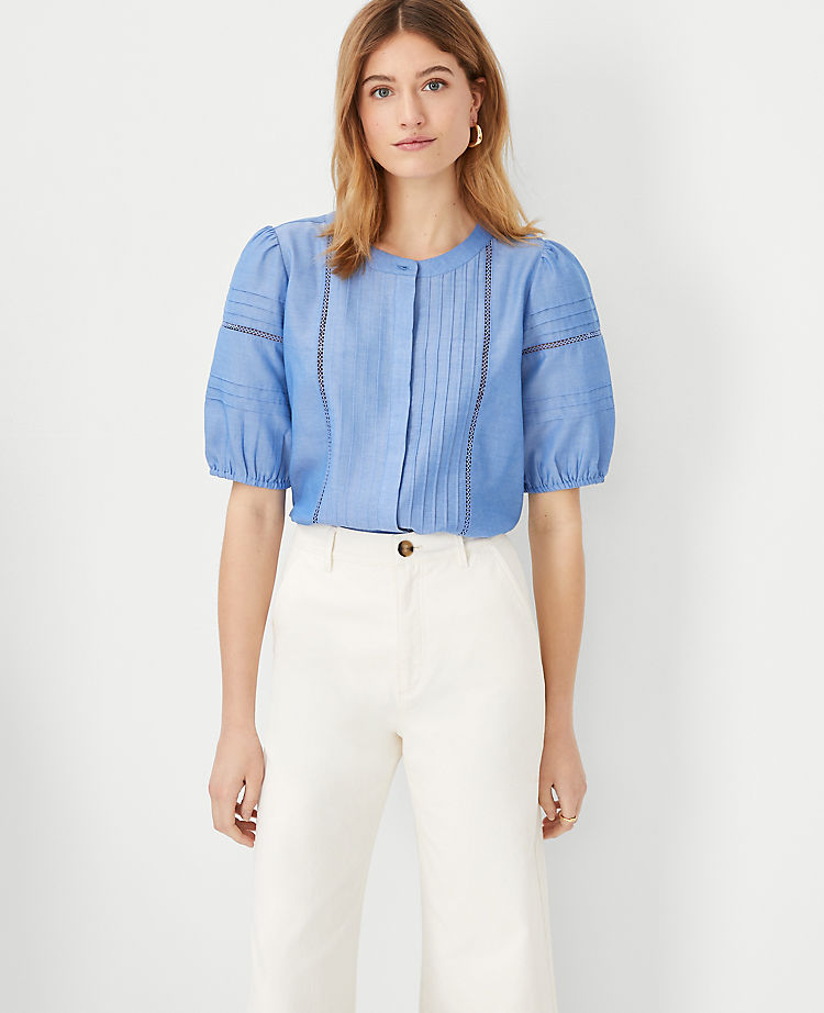 Ann Taylor Outlet |  Chambray Pintucked Cutout Top