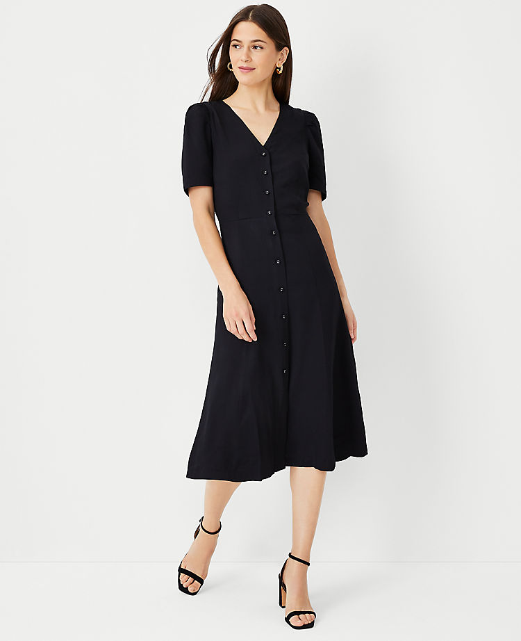 Ann Taylor Twill Puff Sleeve Midi Dress