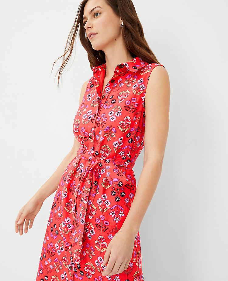 Floral Linen Blend Sleeveless Shirtdress
