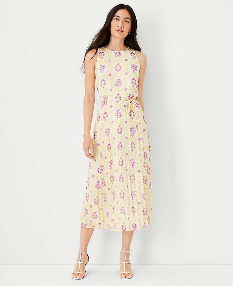 Ann Taylor Shimmer Tile Print Pleated Midi Dress