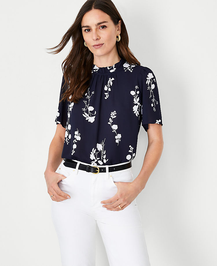 Floral Ruffle Mock Neck Top