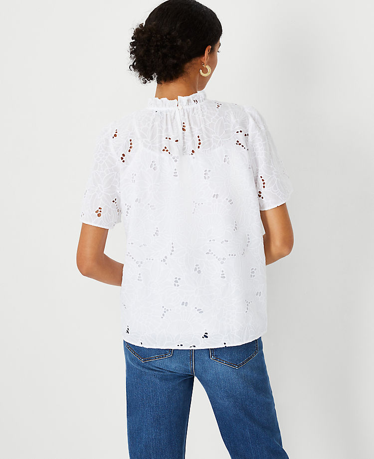 Floral Cutout Lace Ruffle Mock Neck Top