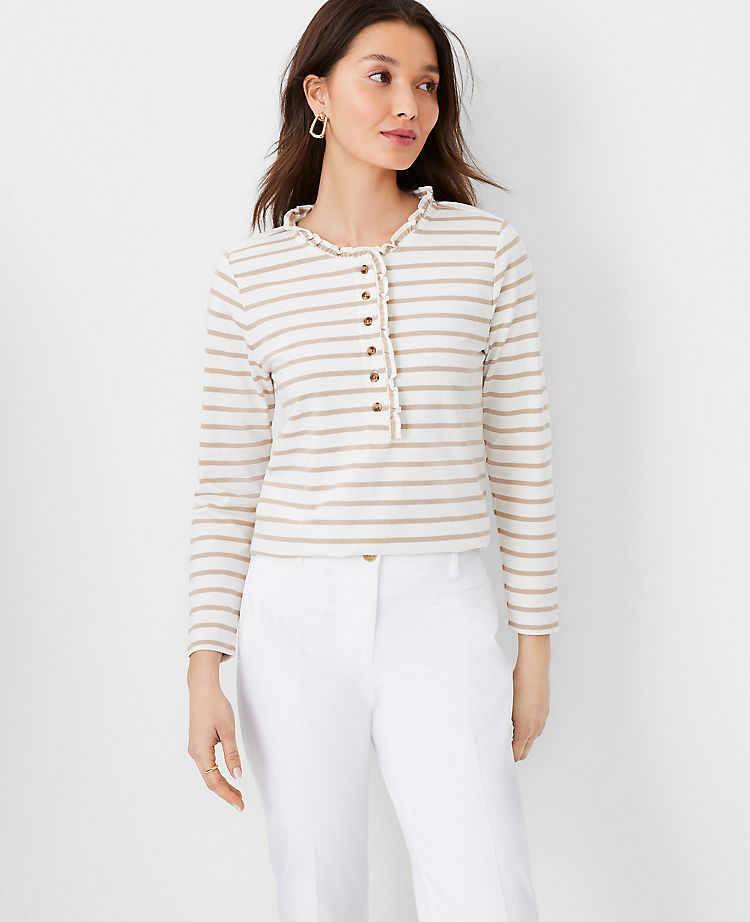 Ann Taylor Outlet |  Striped Ruffle Neck Button Top