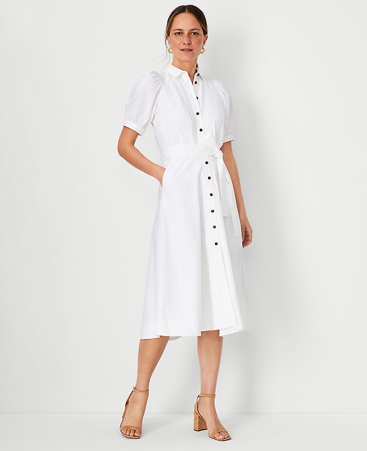 Linen Blend Puff Sleeve Pocket Shirtdress
