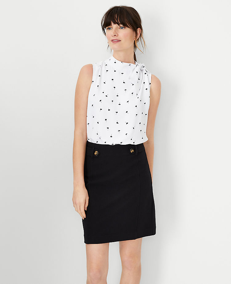 Floral Asymmetrical Tie Neck Mixed Media Shell