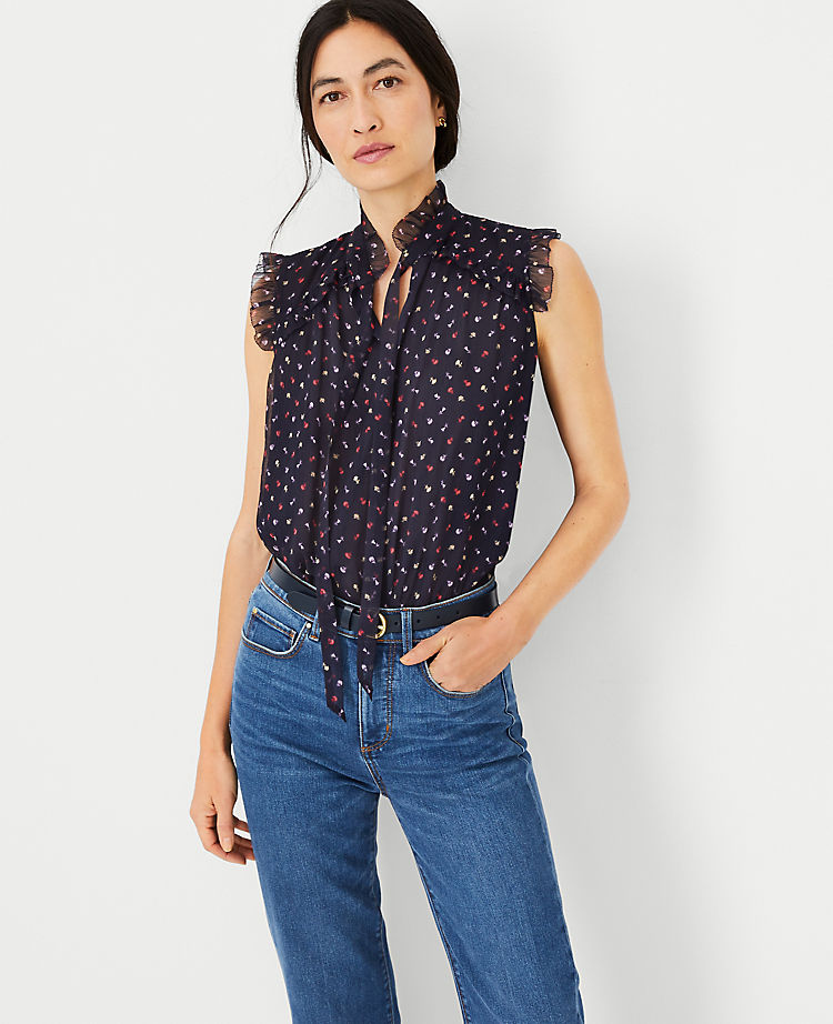 Ann Taylor Outlet |  Floral Ruffle Yoke Tie Neck Top