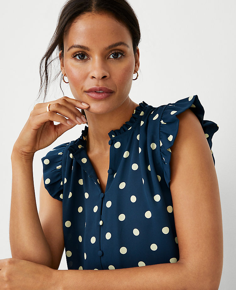 Ann Taylor Outlet |  Dotted Mixed Media Ruffle Button Shell