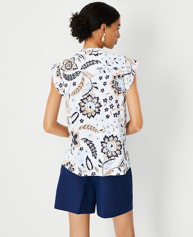 Floral Scalloped Mixed Media Button Top