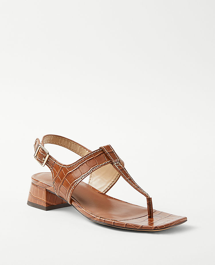 Embossed Leather T-Strap Mid Block Heel Sandals