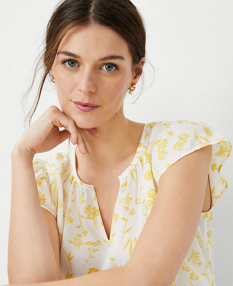 Ann Taylor Outlet |  Floral Split Neck Ruffle Sleeve Top