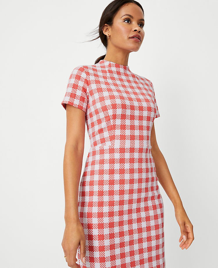Checked Mock Neck Sheath Dress