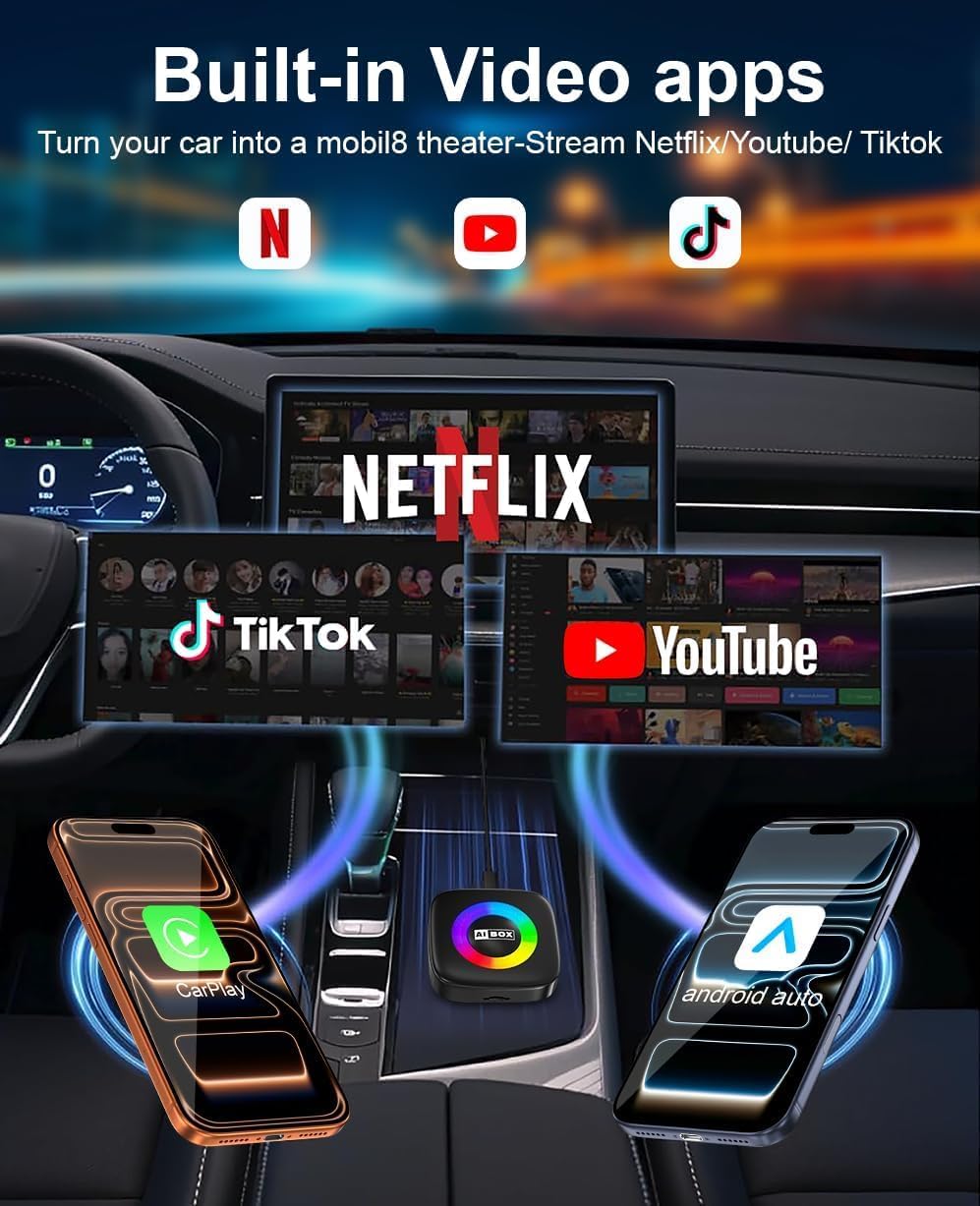 Wireless Carplay Adapter for iPhone Ai Box with Netflix/YouTube Supports TF/Card Dongle Plug and Play Easy Setup Carplay & Android Auto Video Entertainment for iOS 10+ and Cars After 2015 Car
