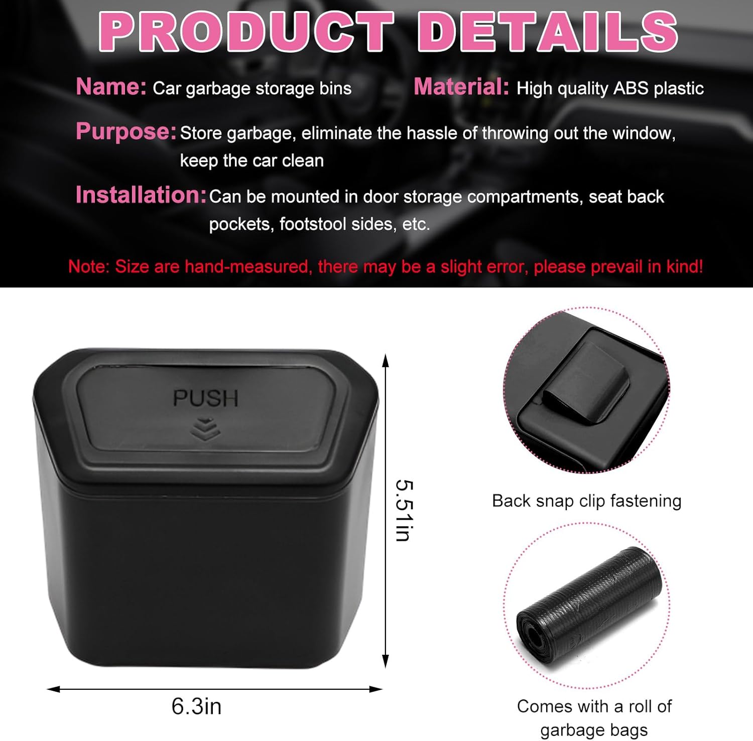 Yourkar Car Trash Can with Lid, Plastic Mini Auto Hanging Dustbin with Garbage Bags, Trash Organizer with Lid Garbage Holder Container for Vehicle Office Home, Car Accessories (Black)