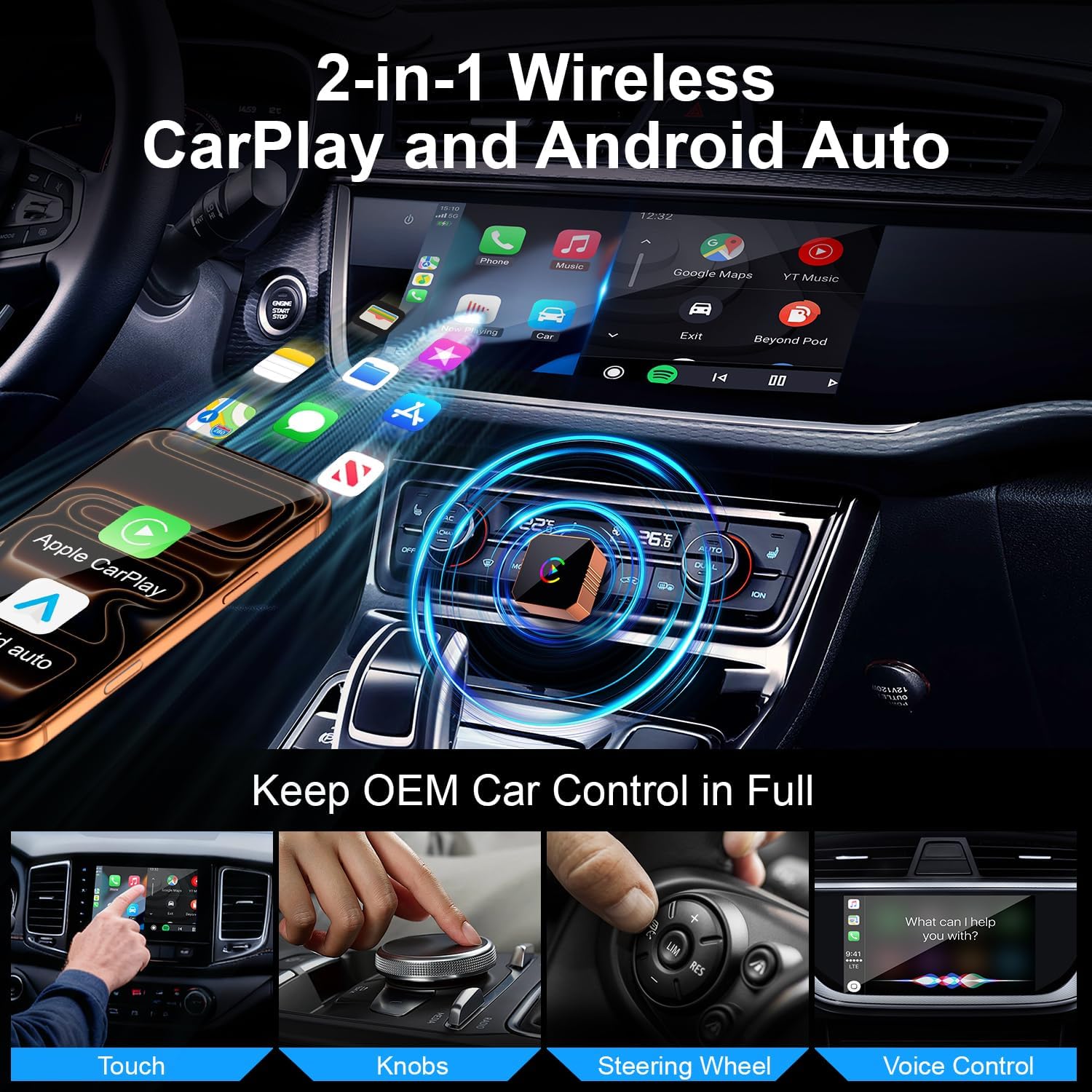 Wireless Carplay Adapter for iPhone,Wired CarPlay to Wireless,Android Auto 2in1 Mini USB Design with Fast Stable Connection Car Play for Apple iOS 10+, Android 11+ Version