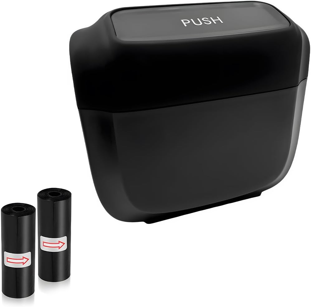 YTFRL Car Trash Can with Lid, Leakproof Auto Garbage Can Mini Hanging Dustbin with 30 Trash Bags, Waterproof Plastic Garbage Organizer for Vehicle Home Office, Car Accessories (Black)