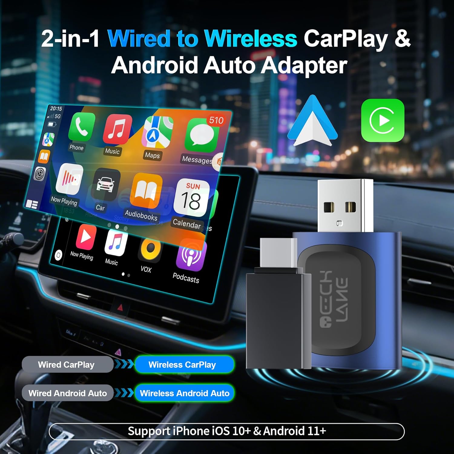 TECHLANE Wireless CarPlay Adapter, 2-in-1 Wired to Wireless CarPlay & Android Auto Adapter, Plug & Play, 5G WiFi/BT 5.0, Support iPhone iOS 10+ & Android 11+, Voice Control & Fast Connection