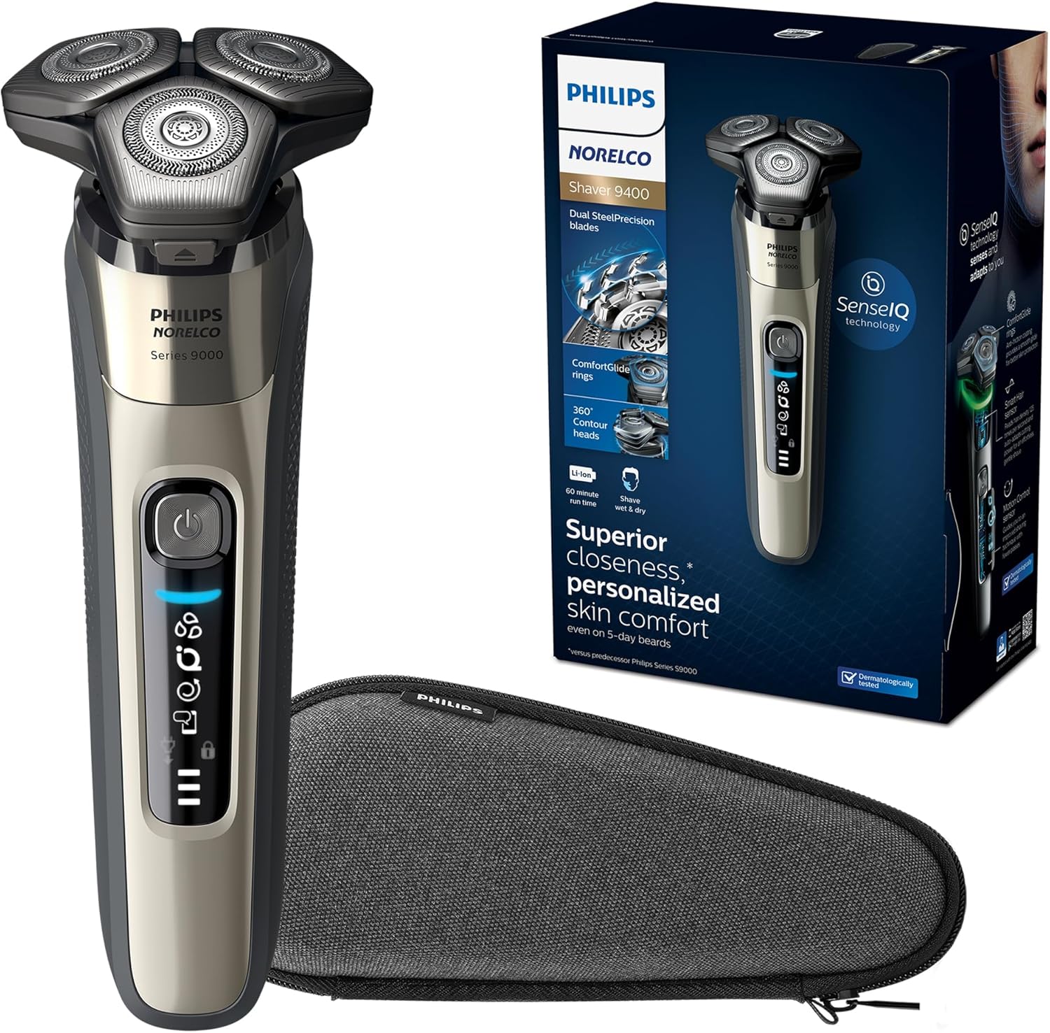 Philips Norelco Shaver i9000, Wet & Dry Electric Shaver, Ink Black, SenseIQ Technology, Triple Lift & Cut System, 360 Rotating Dual SteelPrecision Precision Blades, Nose Trimmer, Model X9000/90