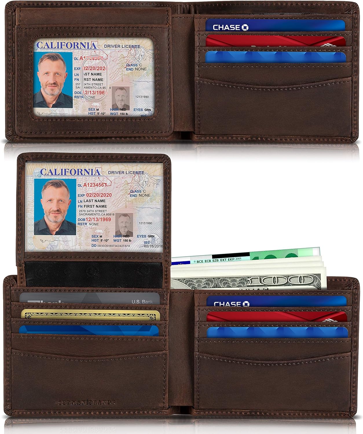 SERMAN BRANDS 2 ID Window Wallet for Men RFID Blocking Leather, Bifold Top Flip, Extra Capacity Travel Wallet