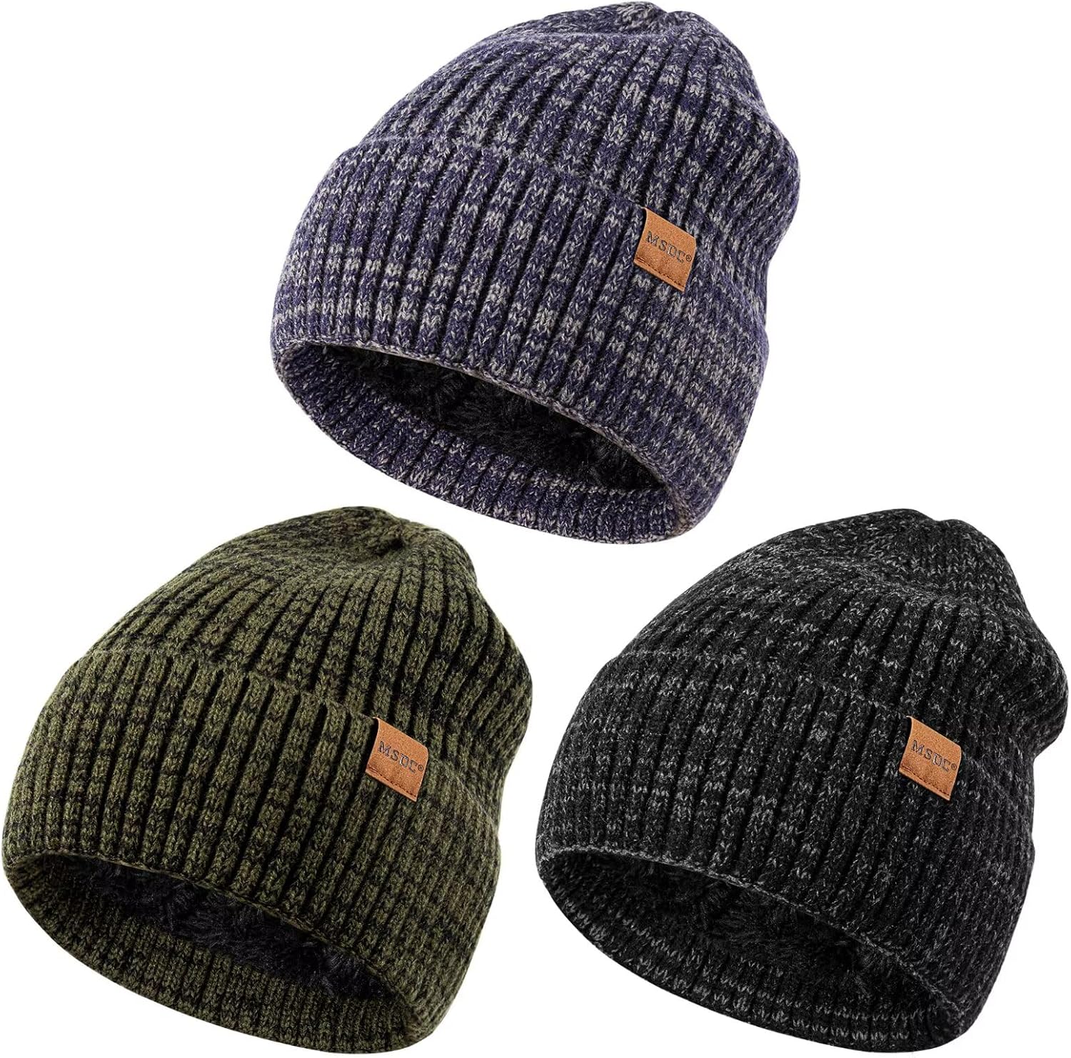 MSDC 3 Pack Winter Hats for Men, Warm Fleece Lined Beanie for Men Women, Fashionable Knit Hat Skull Cap for Cold Weather
