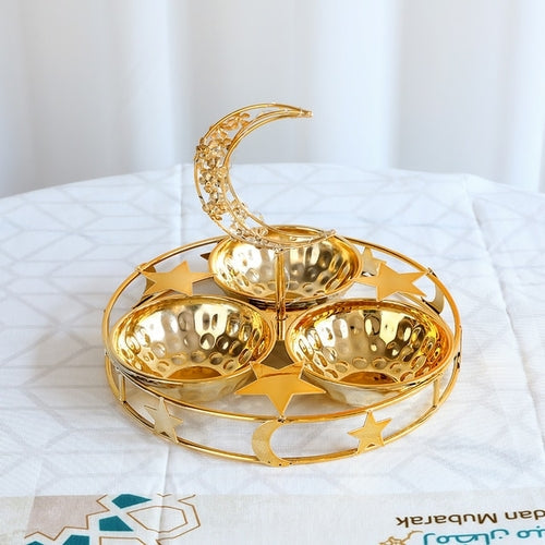Eid Mubarak Metal Gold Nuts Tray With Light Ramadan Decor For Home Eid