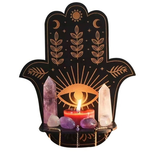 Wolf Hamsa Hand Owl Wood Wall Shelf Crystal Holder Essential Oil