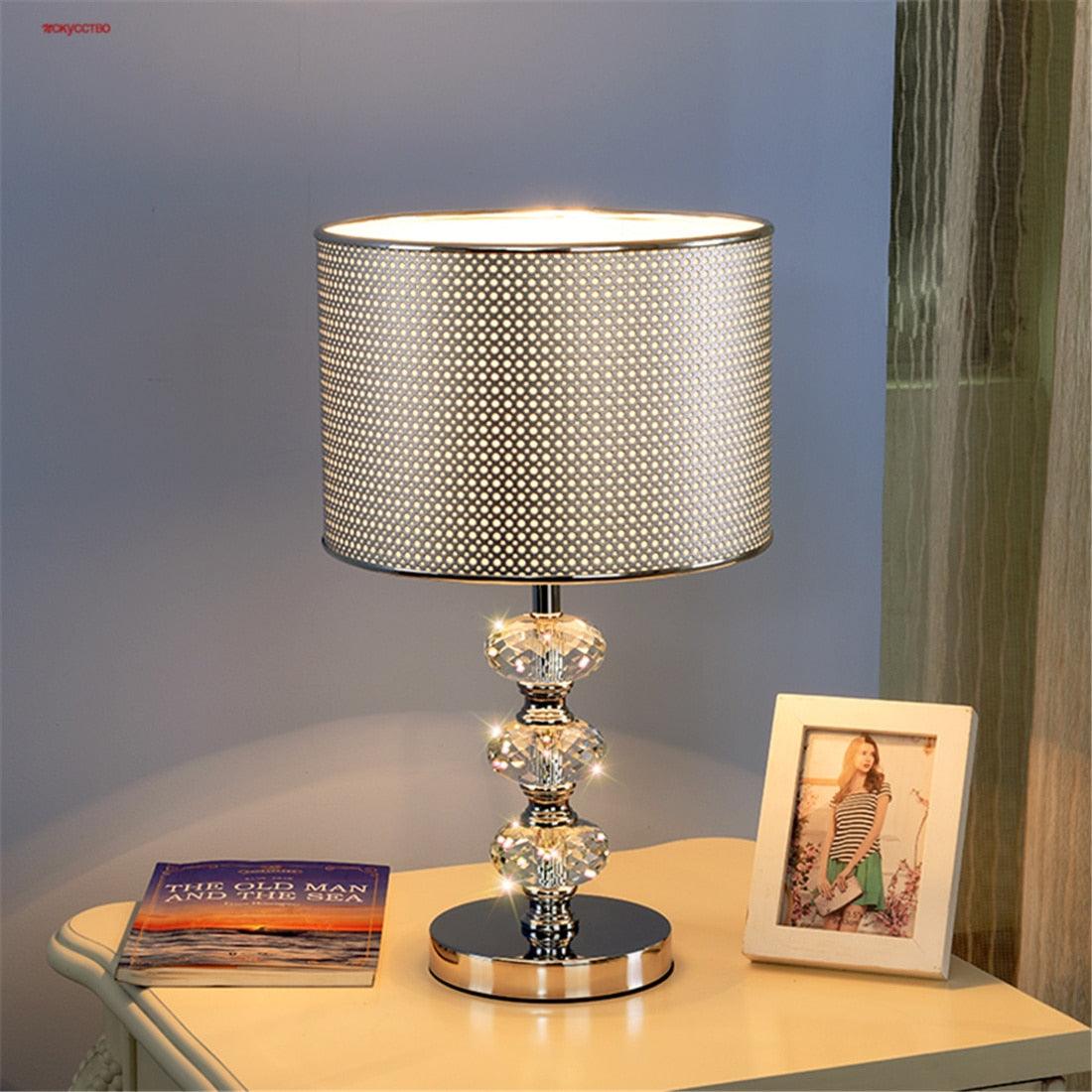 American Luxury Crystal Gourd Silver Pvc Shade Led Table Lamp Living