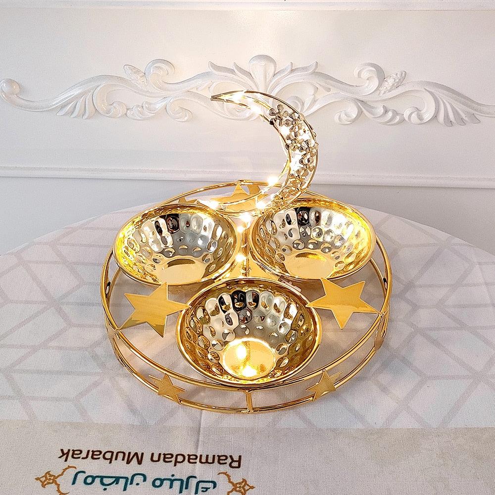 Eid Mubarak Metal Gold Nuts Tray With Light Ramadan Decor For Home Eid