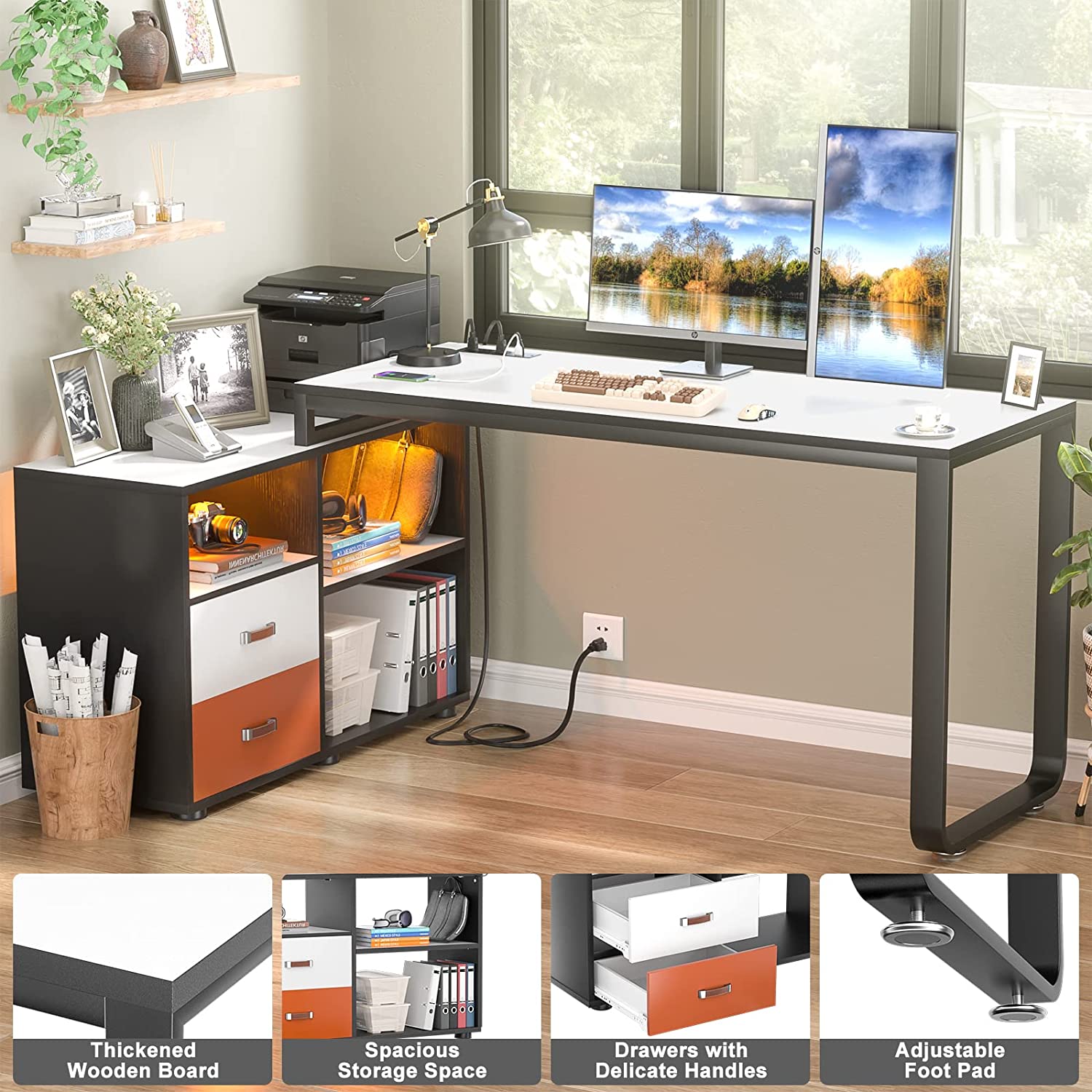Homieasy L Shaped Desk with File & Power Outlet, 55 Inch Large