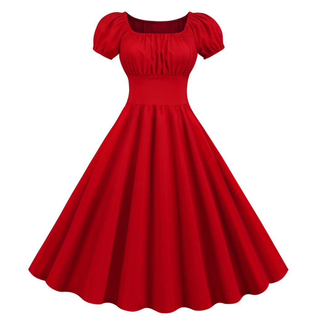 Red Square Neck Summer Dress Women V Neck Big Swing Vintage Dress Robe Femme Elegant Retro Pin up Party Evening Midi Dresses