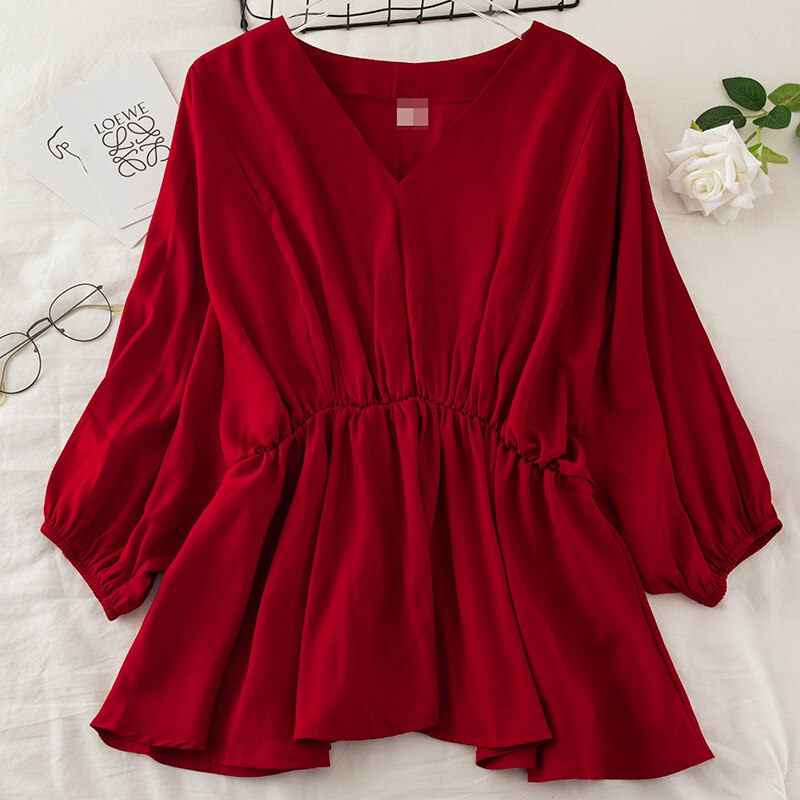 2020 Women Summer V-neck Half Lantern Sleeve Basic Ruffles Shirt Elegant Lady Elastic Slim Pleated Pullover Chiffon Blouse Tops