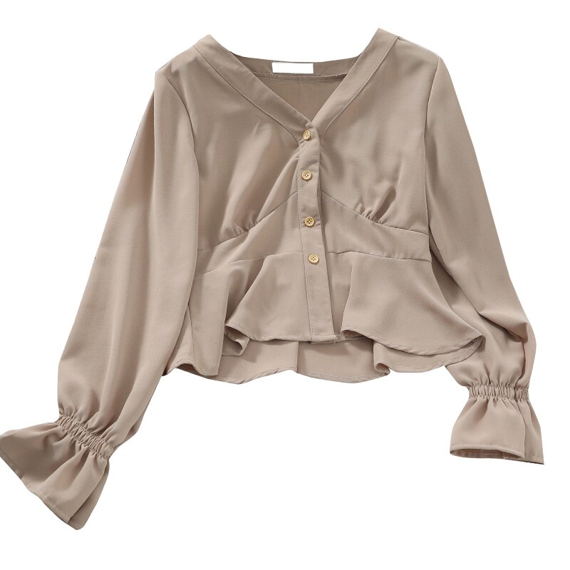 HISUMA 2021 Spring Autumn Flare Sleeve V-Neck Women Leopard Basic Ruffles Shirt Lady Short Slim Cardigan Button Chic Blouse Tops