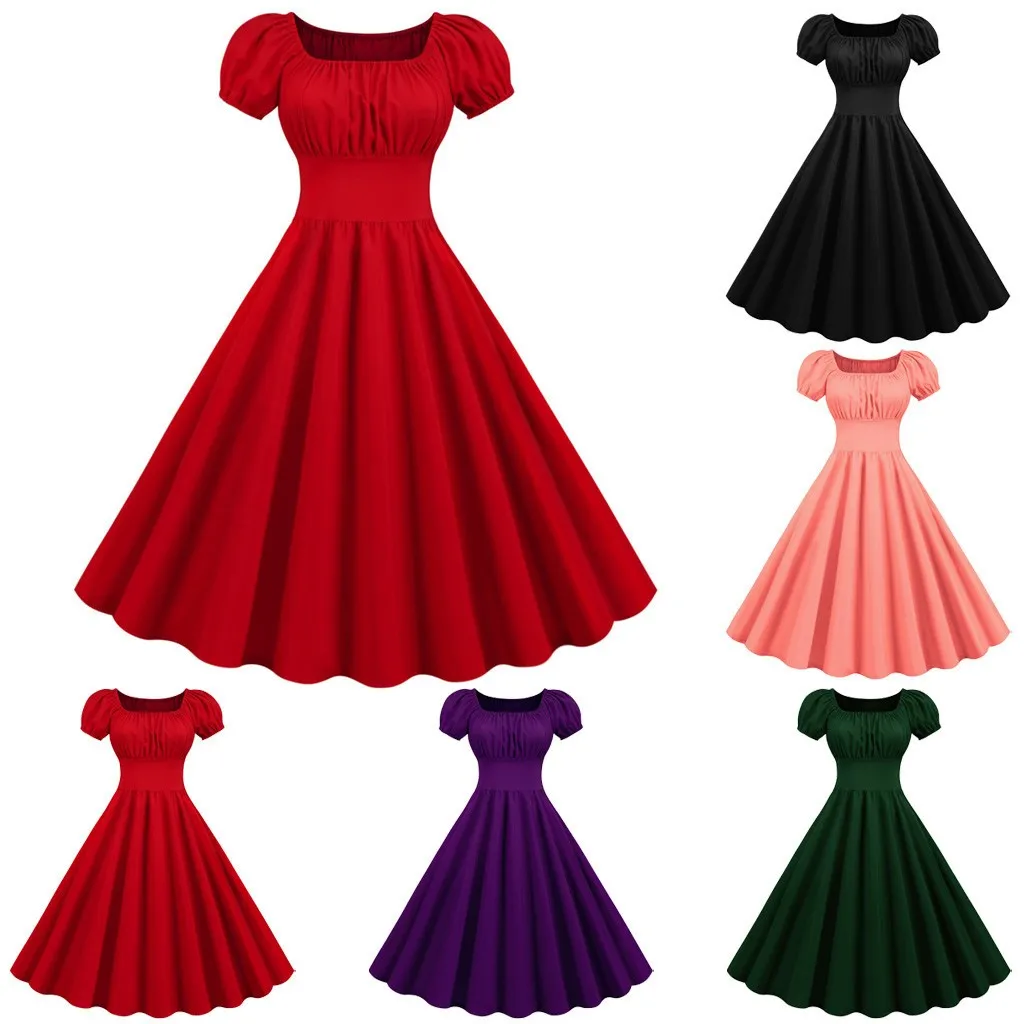 Red Square Neck Summer Dress Women V Neck Big Swing Vintage Dress Robe Femme Elegant Retro Pin up Party Evening Midi Dresses