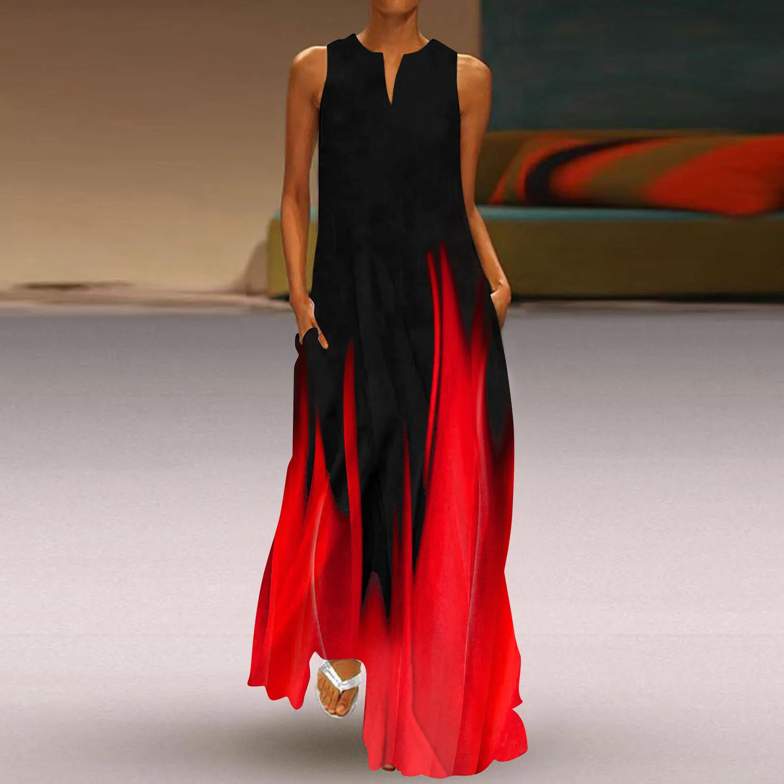 Casual Sleeveless Print V Neck Loose Tank Summer Outfits For Womens Dress Boho Beach Long Sundress With Pockets Women’S Clothing